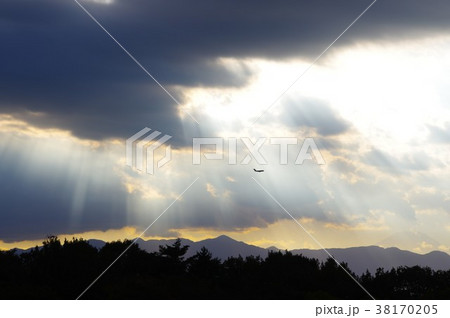 夕暮の陽射しと飛行機 38170205