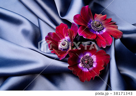 Violet flowers lie on a blue shiny silk wavy 38171343