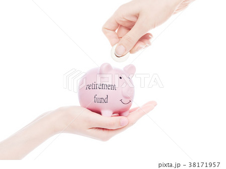 Female hand holds piggy bank retirement fund 38171957