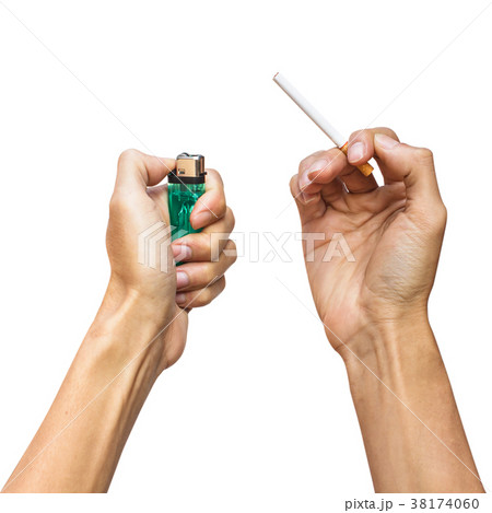 Man hand holding Cigarette and Green lighter 38174060