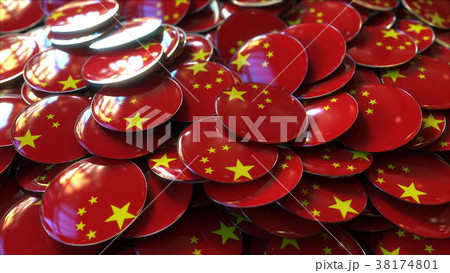 Pile of badges featuring flags of China, 3D 38174801