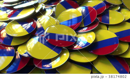 Pile of badges featuring flags of Colombia. 3D 38174802