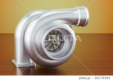 Car turbocharger on the wooden table. 3D rendering Car turbocharger on the wooden table. 3D rendering 38176304