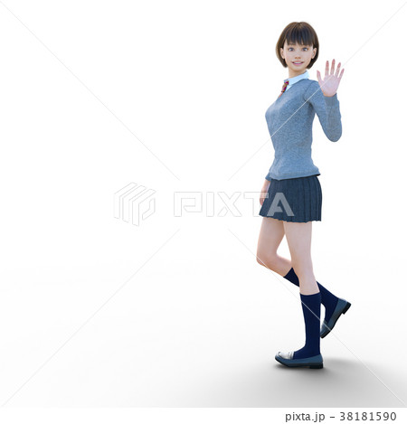 歩きながら手を振る制服の女子学生 Perming 3dcg イラスト素材のイラスト素材
