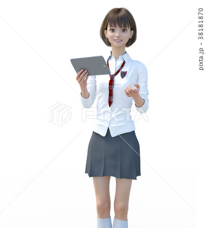 タブレットで紹介する制服の女子学生　perming 3DCG イラスト素材 38181870