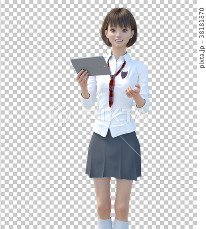 タブレットで紹介する制服の女子学生　perming 3DCG イラスト素材 38181870
