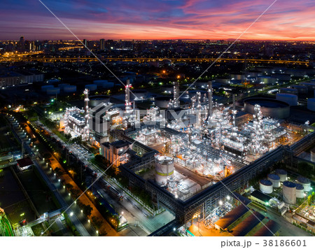 Aerial view of twilight of oil refinery Aerial view of twilight of oil refinery 38186601