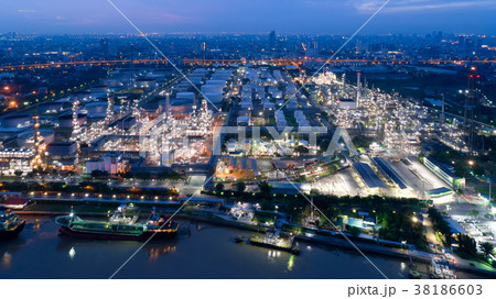 Aerial view of twilight of oil refinery Aerial view of twilight of oil refinery 38186603