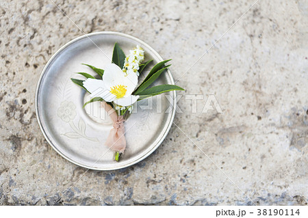 Buttonhole for groom on gray concrete background Buttonhole for groom on gray concrete background 38190114