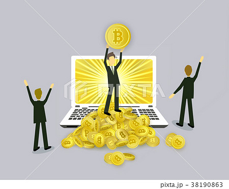 Businessmen, laptop and stacks of bitcoin coins Businessmen, laptop and stacks of bitcoin coins 38190863