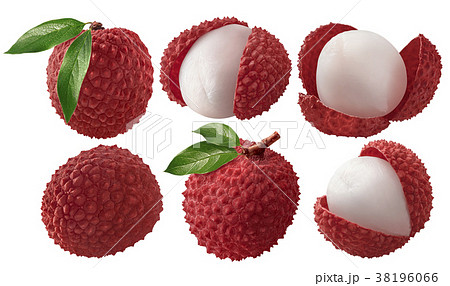 Fresh lychee with leaves set isolated on white 38196066