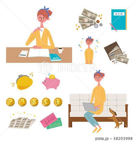 お金 主婦 家計管理 イラスト セットのイラスト素材
