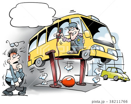 The mechanics testing the bus Lift in the garage 38211766