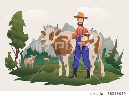 A cow and farmer in a meadow, Alpine landscape A cow and farmer in a meadow, Alpine landscape 38213039