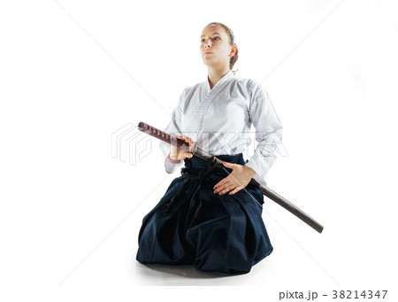 Aikido master practices defense posture. Healthy 38214347