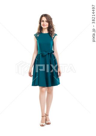 Full length portrait of young beautiful woman in green dress 38214497
