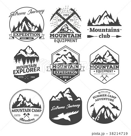 Landscape icons of mountains or hills badges 38214719
