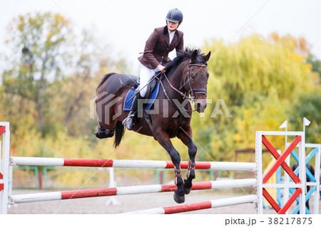 Young rider girl on bay horse jumping over barrier 38217875