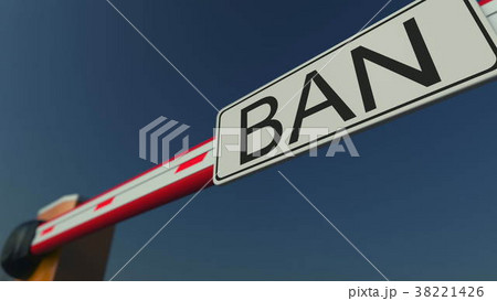 Closed barrier gate with BAN sign. Conceptual 3D 38221426