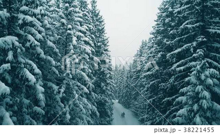 Aerial view of a couple hiking in snowy winter 38221455