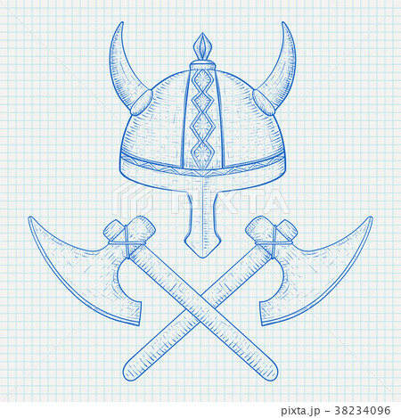 Viking axes and horned helmet. Hand drawn sketch 38234096