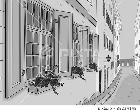 Beautiful narrow city street with flowers window Beautiful narrow city street with flowers window 38234148