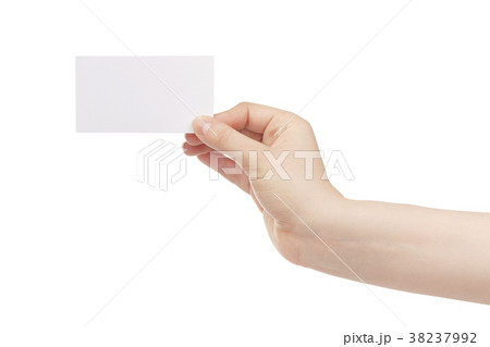 young female left hand hold blank white paper card 38237992