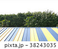 Yellow and blue striped roof on green background 38243035