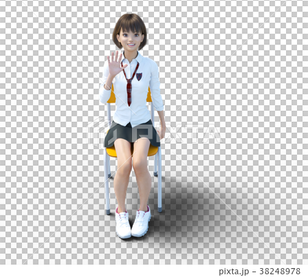 椅子に座ったて手を振る制服の女子学生　perming 3DCG イラスト素材 38248978