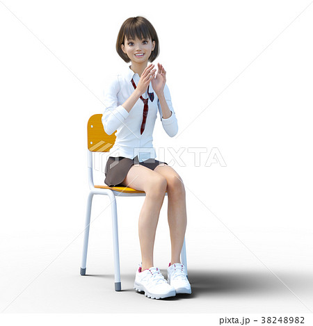 椅子に座って手をたたく制服の女子学生 Perming 3dcg イラスト素材のイラスト素材 34