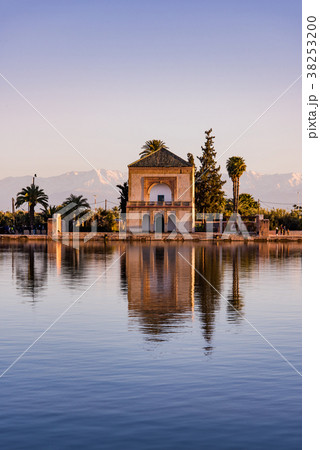 Menara Gardens Pavilion reflect in water at sunset 38253200