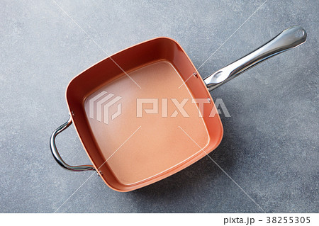 Copper saucepan. Copy space. Top view. 38255305