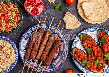 Classic kebabs, tabbouleh, baba ganush, eggplant 38255643
