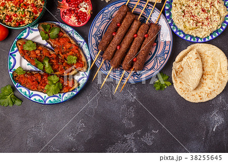 Classic kebabs, tabbouleh, baba ganush, eggplant Classic kebabs, tabbouleh, baba ganush, eggplant 38255645