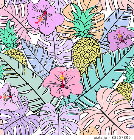 Seamless pastel pattern with tropical leafs. 38257809
