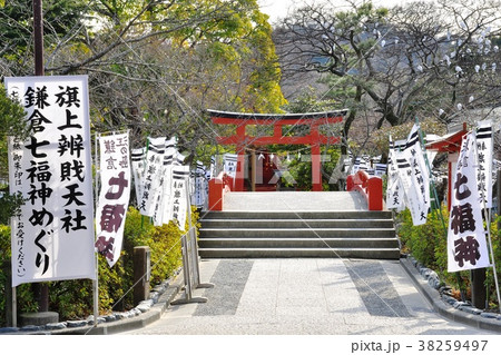 鎌倉七福神 旗上弁財天社の赤い鳥居と昇り旗 鎌倉七福神 旗上弁財天社の赤い鳥居と昇り旗 38259497