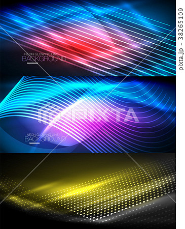 Set of neon glowing waves and lines, shiny light 38265109