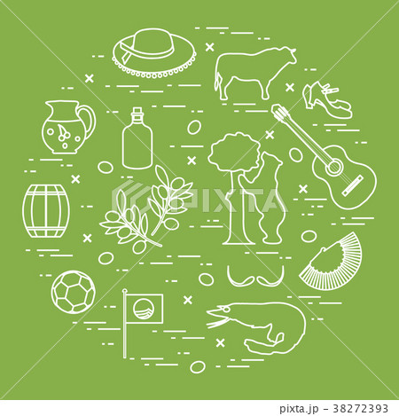 various symbols of Spain arranged in a circle 38272393