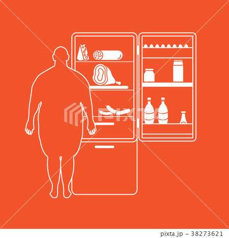Fat man stands at the fridge full of food Harmful 38273621
