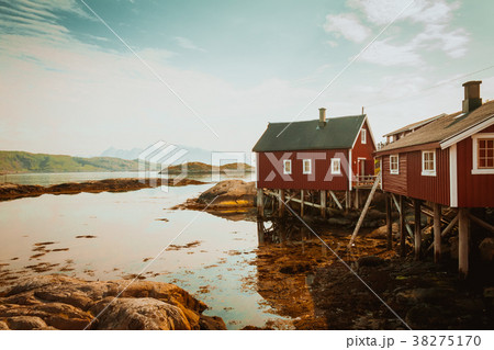 Typical red rorbu fishing hut in town of Svolvaer Typical red rorbu fishing hut in town of Svolvaer 38275170