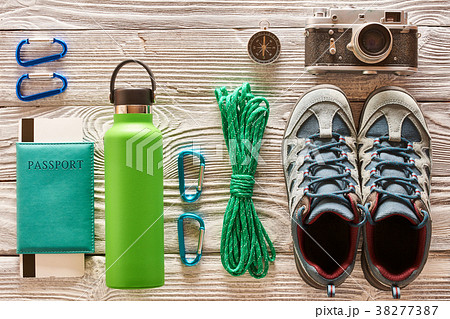 Travel items for hiking flat lay 38277387