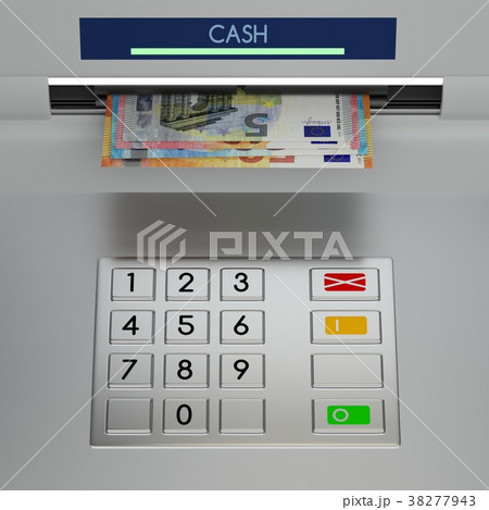 Atm machine keypad with euro banknotes 38277943
