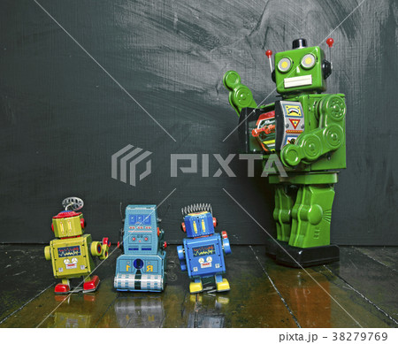 Big green robot toy teaches his class , Big green robot toy teaches his class , 38279769