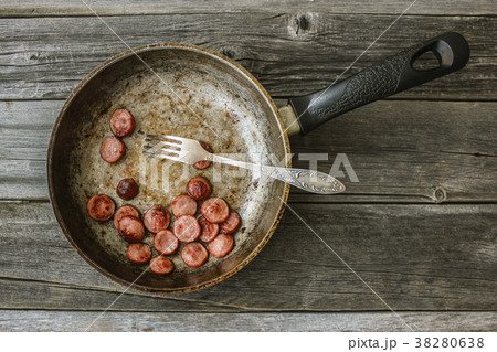 Fried sausages in a frying pan Fried sausages in a frying pan 38280638