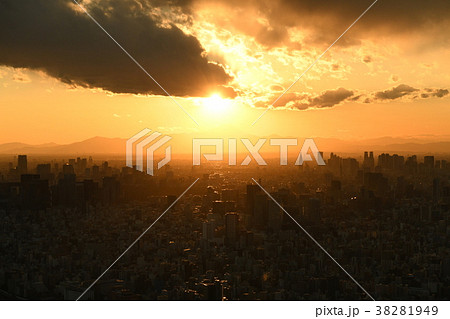 日本の東京都市風景・夕景（富士山と渋谷や新宿などの超高層ビル群） 38281949