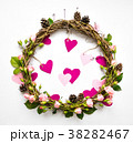 Festive wreath with roses, paper hearts. Flat lay 38282467