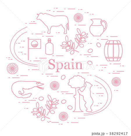 various symbols of Spain arranged in a circle 38292417