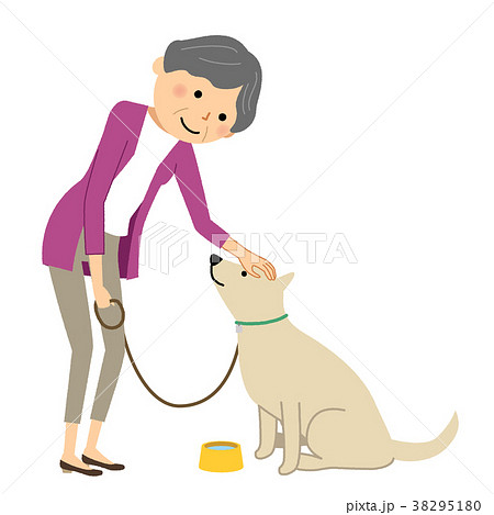 シニア女性 おばあちゃん 犬の散歩のイラスト素材