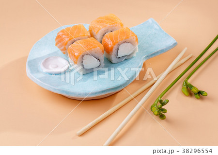 rolls and sushi on a plate in the form of fish rolls and sushi on a plate in the form of fish 38296554