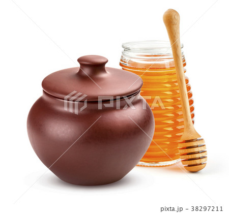 Honey pot and glass jar isolated on white 38297211